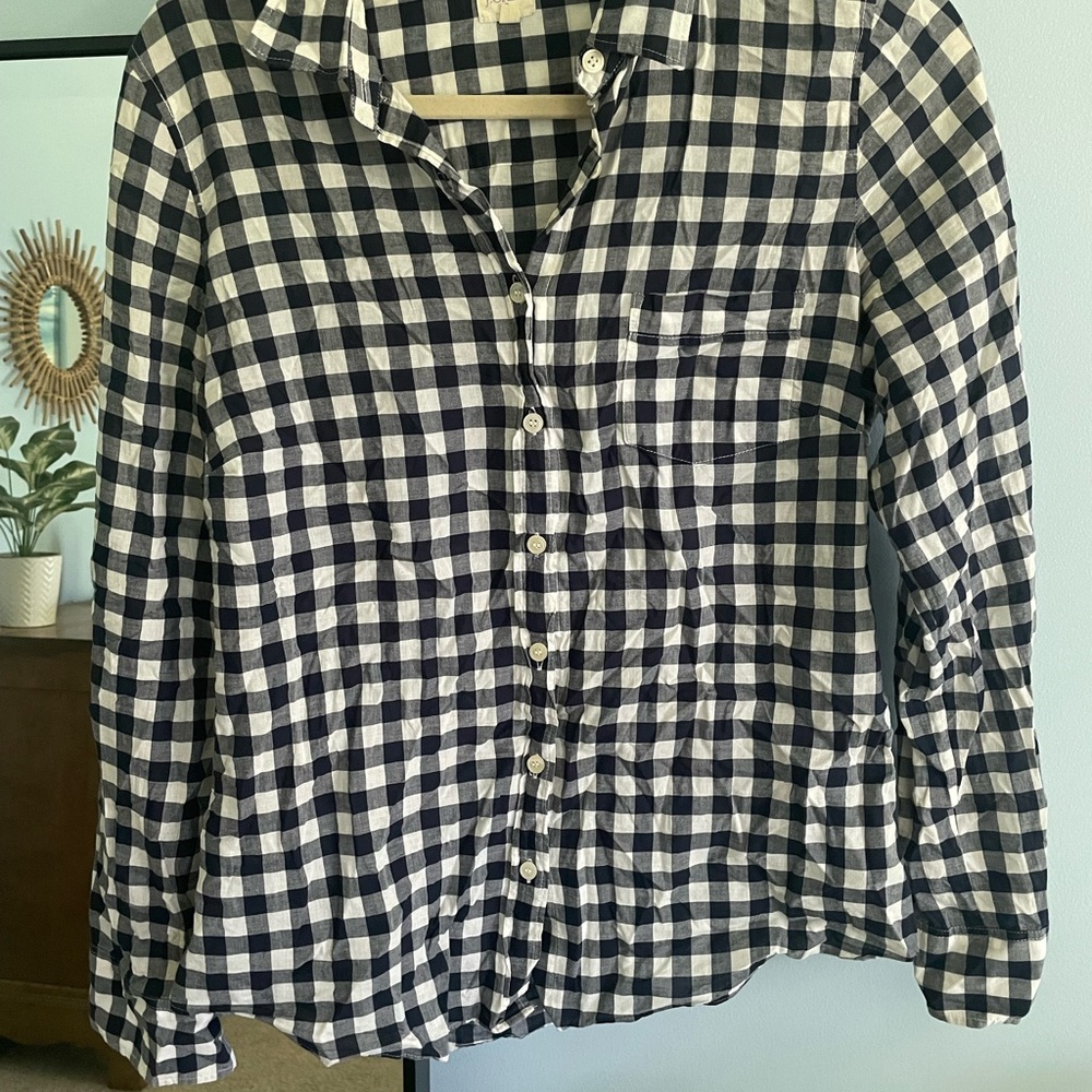 J. Crew Navy Blue and White Checkered Button Down Shirt